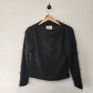 Y2K Vue Point Petite by Jordan Long Sleeve Black Fuzzy Shirt Small Petite